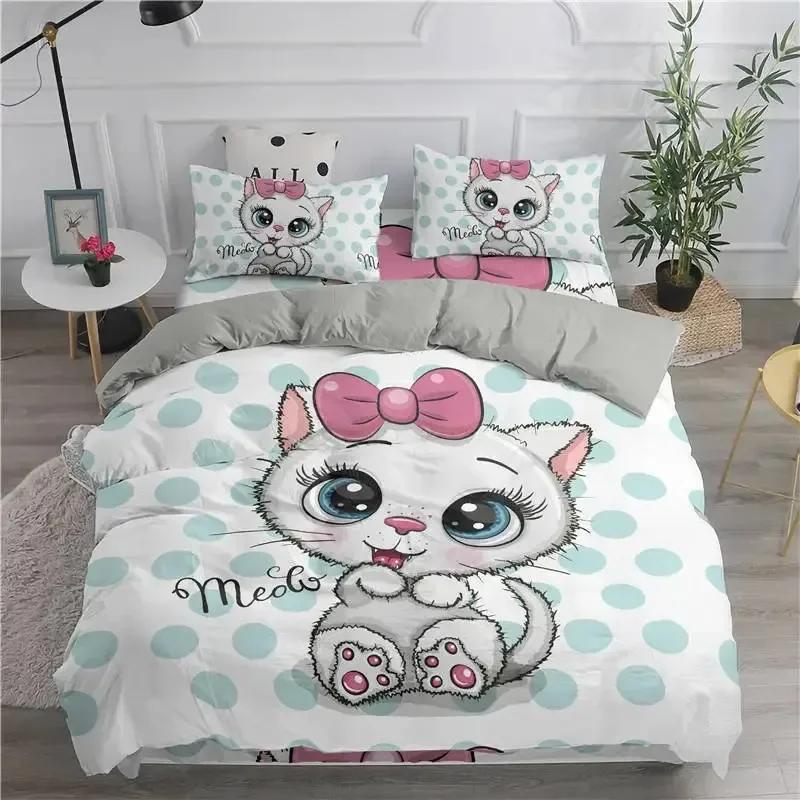 Cartoon Bedding Set Cute Cats Comfortable Duvet Quilt Cover Pillowcase Bedding Set Children Bedroom Decoration Home Textile
