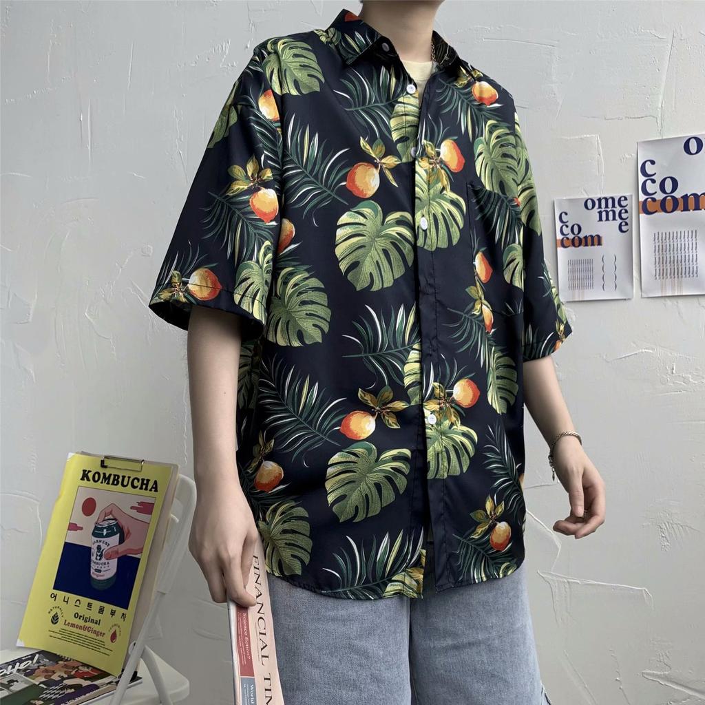 Hawaiian Men's Casual Flower Shirt Hong Kong Style Retro Beach Shirt Floral Couple Flower Shirt Short Sleeve Men