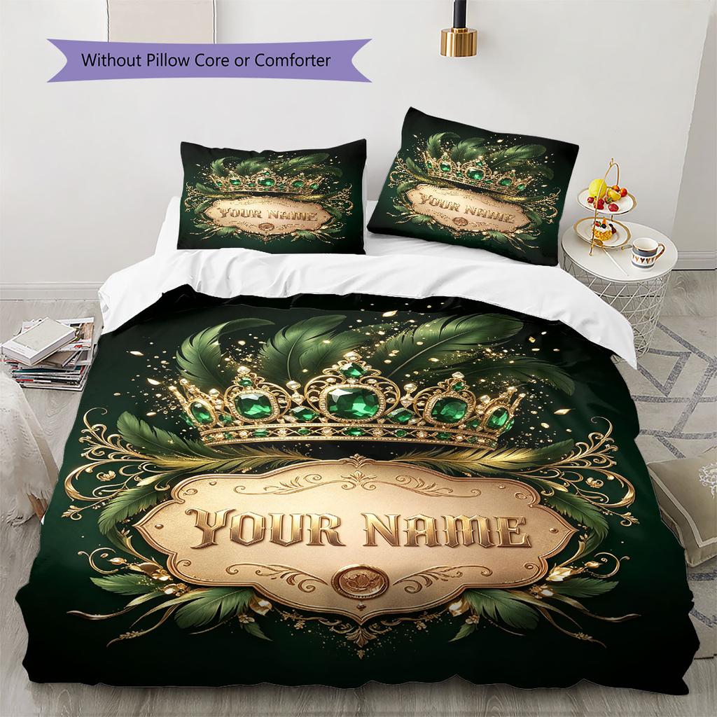 Custom Name,Elegant Crown Feather Series Pattern Bedding Home Decoration Birthday Gift ( 1 duvet cover + 2 pillowcase, without core),fan merchandise.