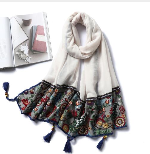 Vintage Cotton and Linen Scarves Solid Colors and All Matching Shawls Long Wood Bead Tassel Muslim Headscarf Embroidery Scarves