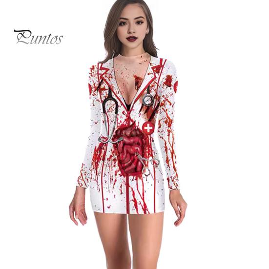 Хэллоуин Женское платье Кровавое пятно Скелет Паук Принт V-образный вырез Медсестра Косплей Длинные рукава Дом с привидениями NPC Костюм для выступлений
