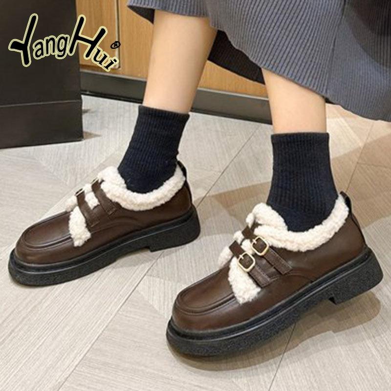 Plus Velvet Keep Warm Leather Platform Shoes for Women British Style Casual Mary Janes Pumps 2024 New Fashion Spring Autumn