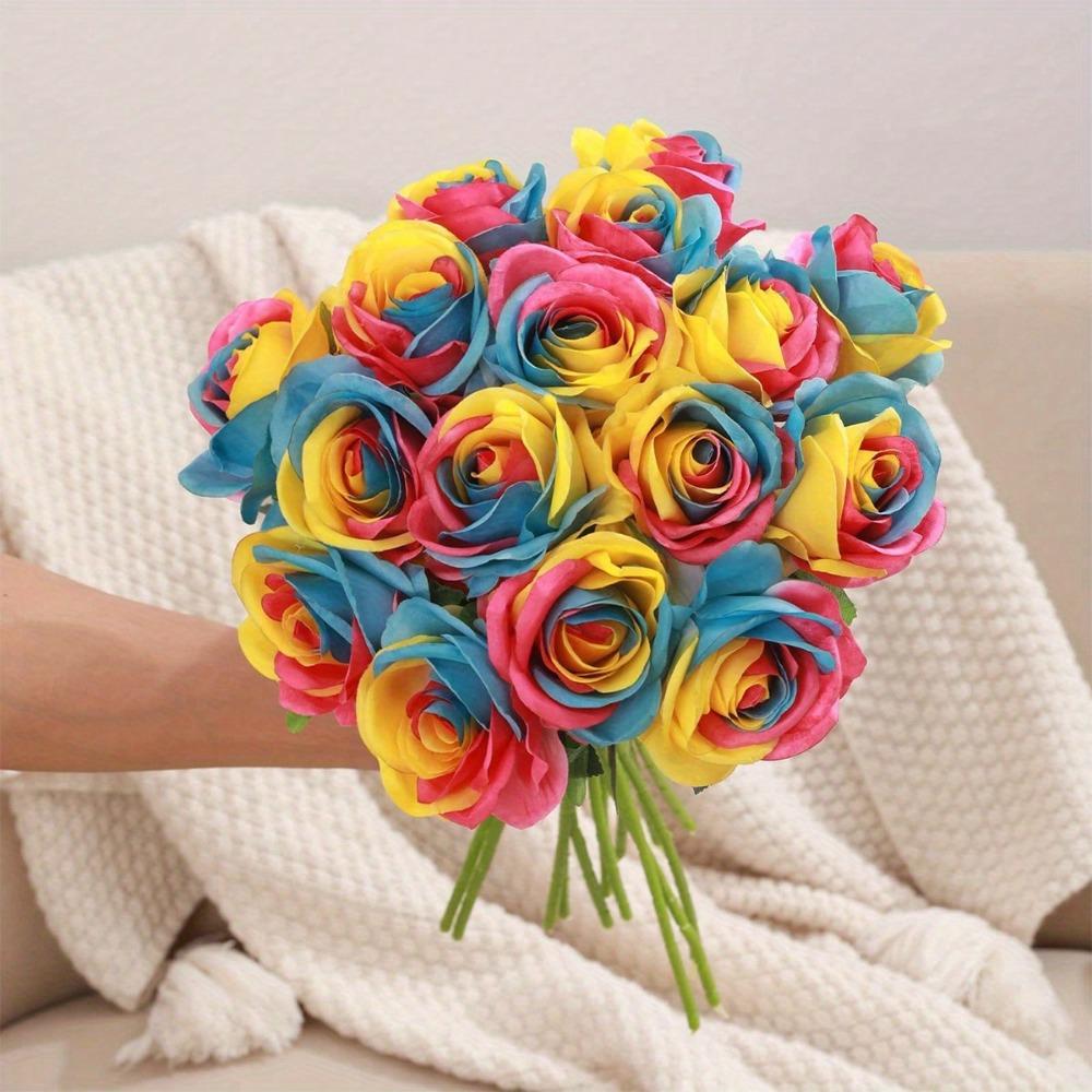 10 Pcs Silk Flowers Rainbow Fake Roses 50cm Artificial Flowers Fake Artificial Roses with Stems for Home Wedding Hotel Office Centerpiece Decor