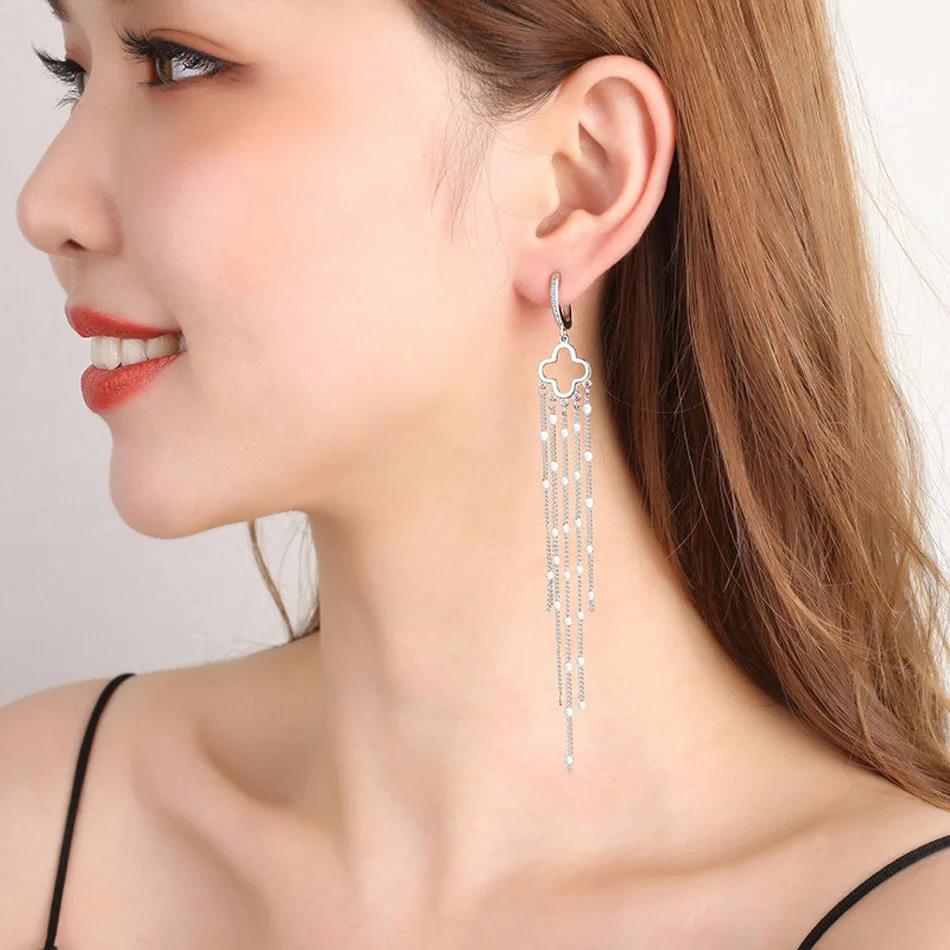 ALIZERO 925 Sterling Silver Four Leaf Clover Sequins Tassels Earrings For Women Wedding Party Gift Fashion Jewelry