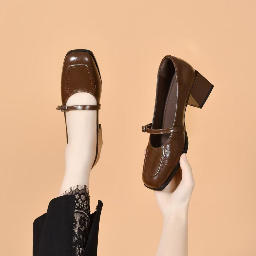Square Head Mary Jane Shoes Women's Spring New Elegant Shallow Mouth Single Shoes One-word Buckle Thick Heel Women's High Heels
