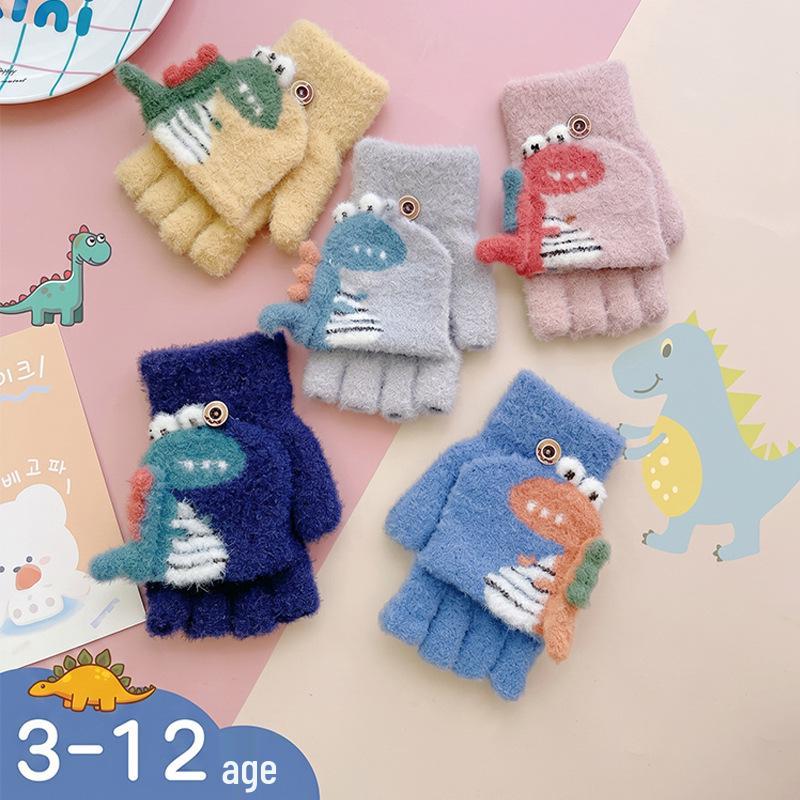 Winter Kids' Dinosaur Half-Finger Warm Gloves - Thick, Anti-Pilling, Cold Protection