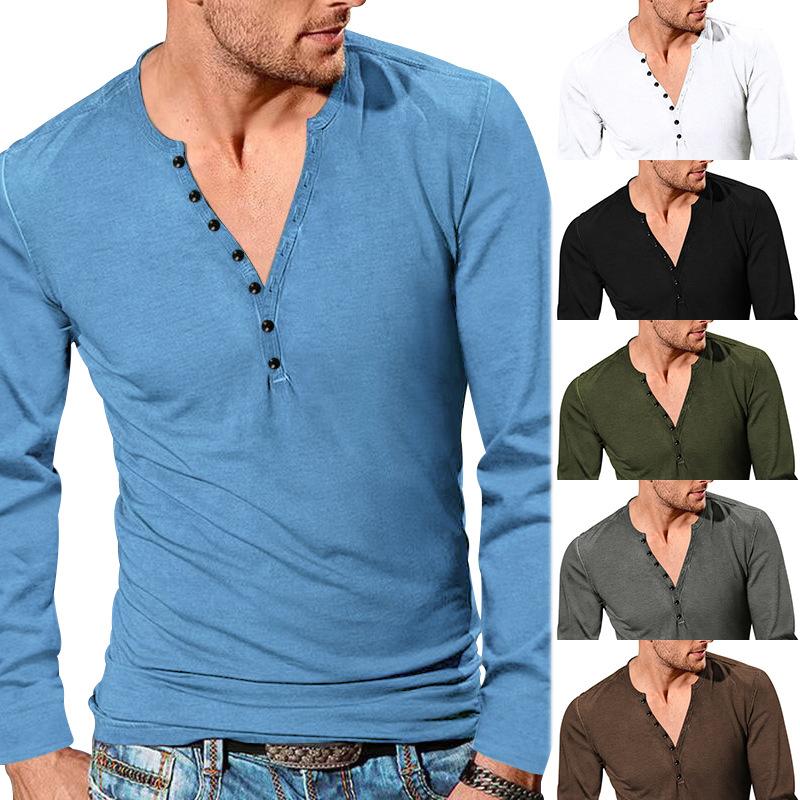Men's Spring and Autumn Vintage Long-sleeved T-shirt Casual Button V-neck Slim Solid Color T-shirt