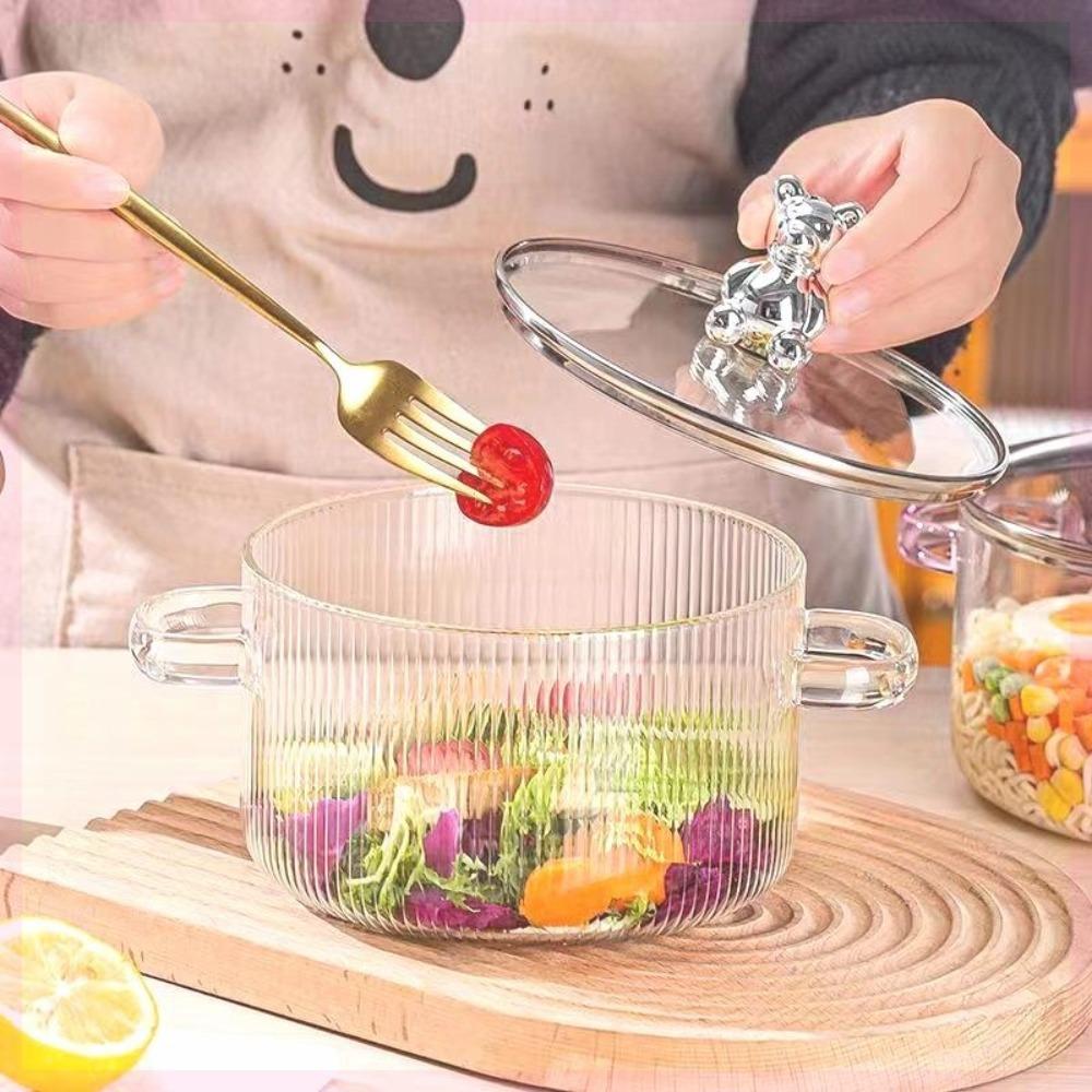 Прозрачная стеклянная кастрюля-медведь, двуручная ручка, миска для рамена, молочник, кастрюля для готовки, лапша