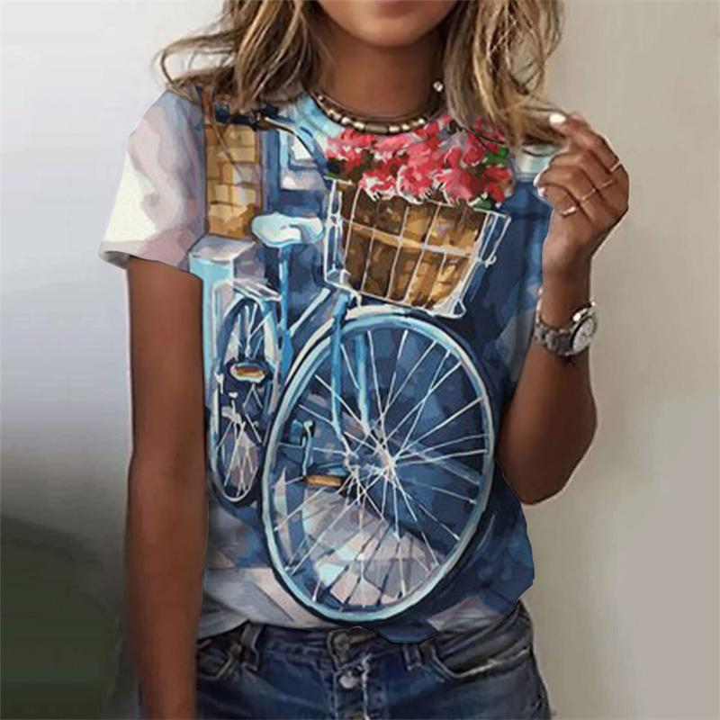 Винтажная футболка с рисунком Эйфелевой башни для женщин, футболка с 3D-принтом «Цветок и велосипед», летняя мода, уличные топы с круглым вырезом, футболки с короткими рукавами