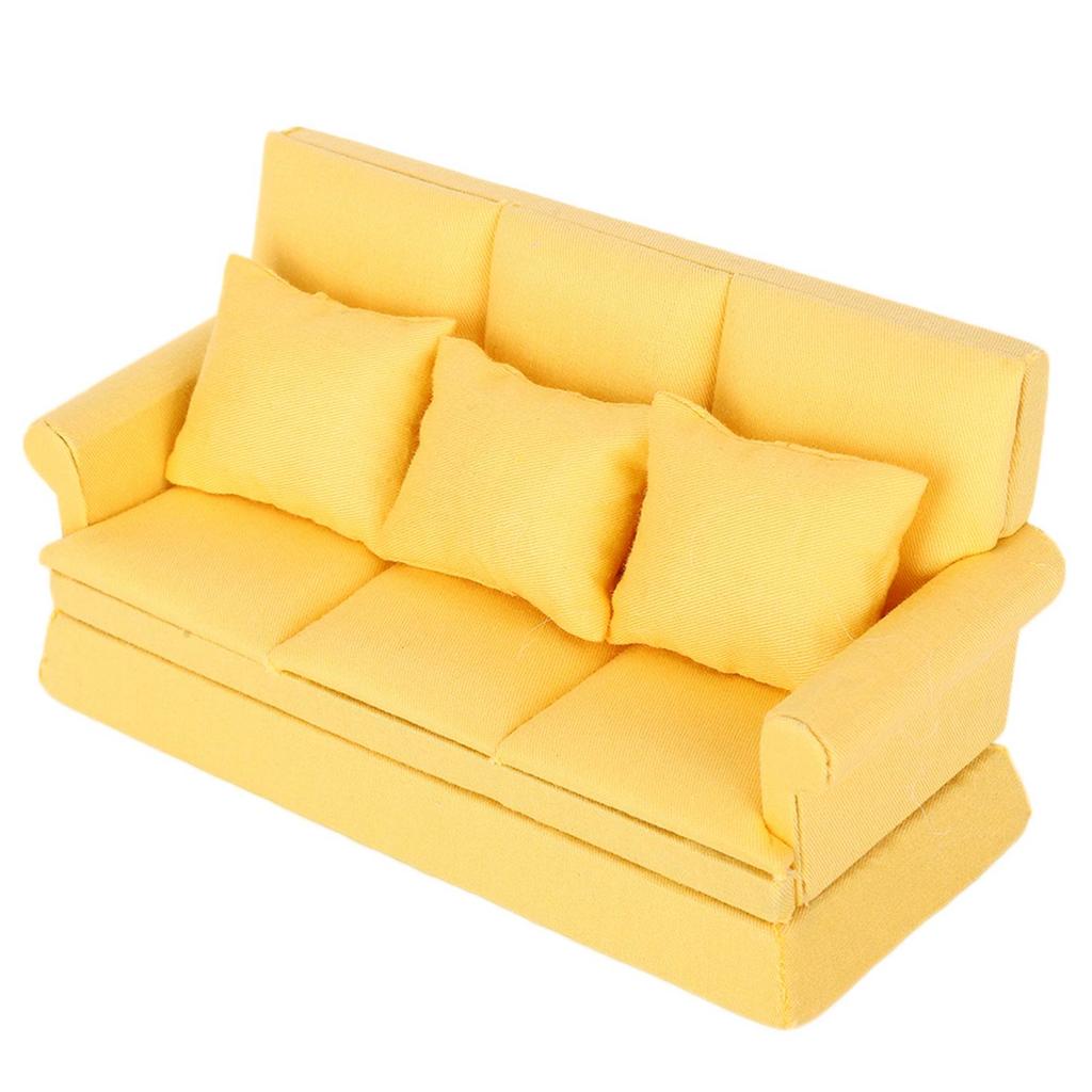 1:12 Doll House Mini Sofa with 3pcs Pillow Living Room Furniture Wooden Doll House Decoration