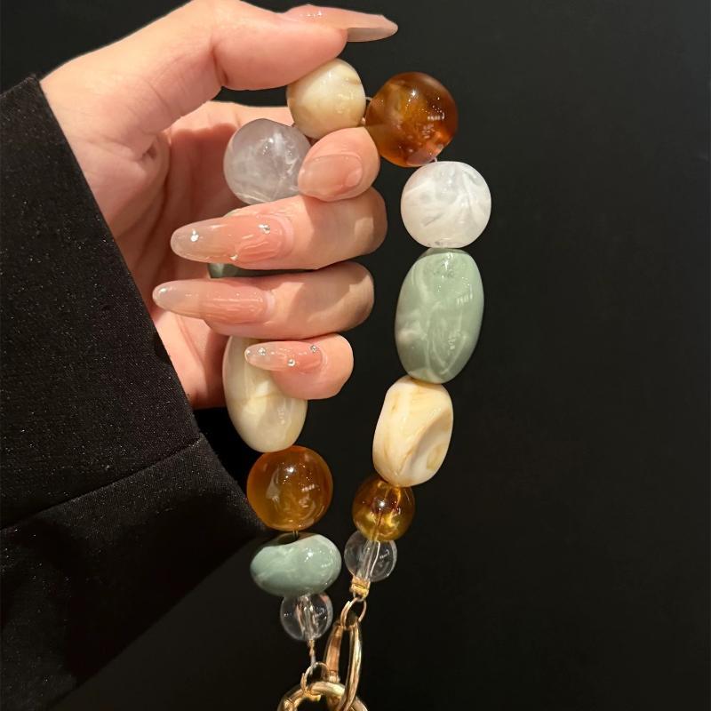 Women Decorative Phone Wrist Chain 1Pcs Mixed Color Grid Irregular Stone Anti-Loss Phone Lanyard for Daily Wear