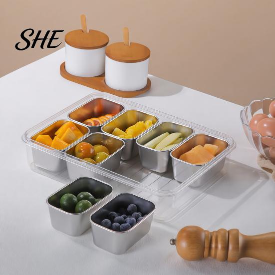 Leakproof Bento Box for Picnic Snackle Container, Stainless Steel Divided Serving Tray with Lid & Handle, 8 Compartment Large Snack Durable Food Road