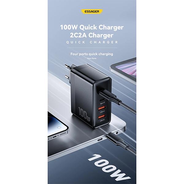 Essager Зарядное устройство USB Type C, 100 Вт, 65 Вт, PD Quick Charge4.0, 3,0, быстрая зарядка Type-C для ноутбука iPhone 14, 13, 12, Xiaomi, Macbook 13 Pro