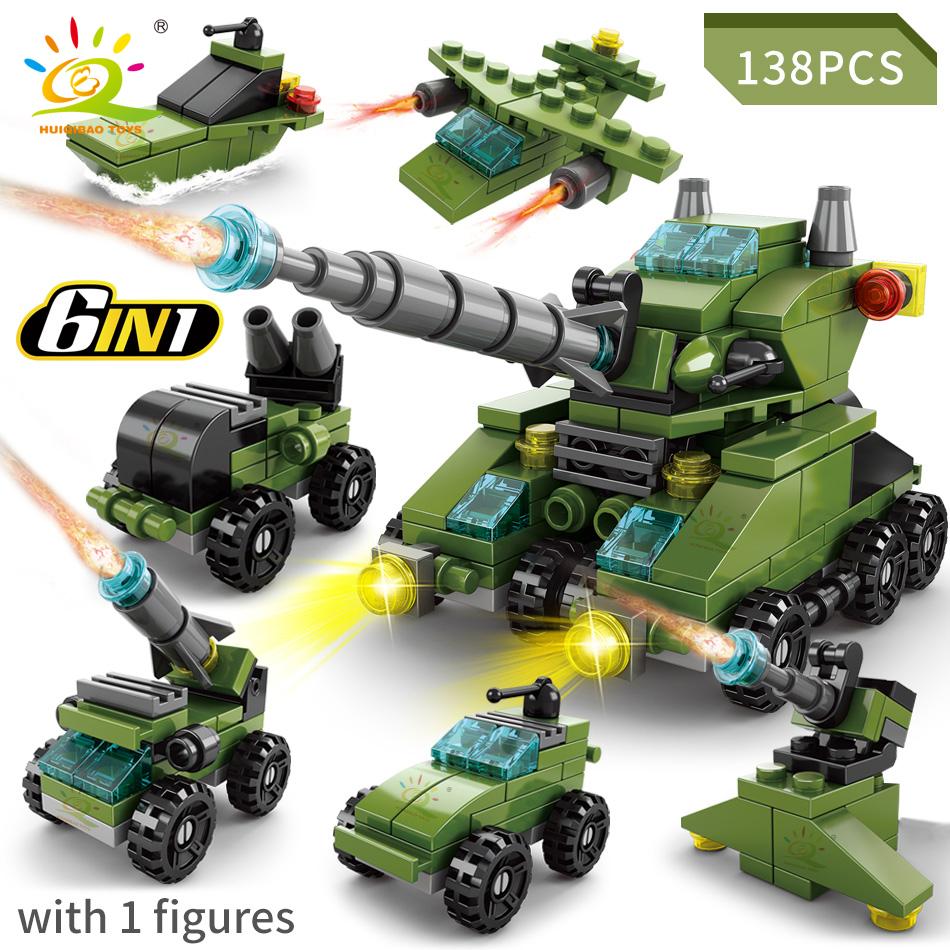 HUIQIBAO 6IN1 City Fire Car Police Truck Engineering Crane Building Blocks Tank Helicopter Bricks Set Toys for Children