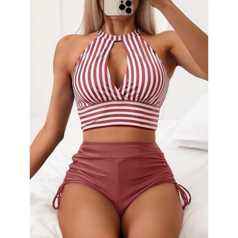2025 Halter High Waist Bikinis Striped Swimsuit Women Hollow Out Swimwear Female Bathers Bathing Swimming Swim Suit Beachwear