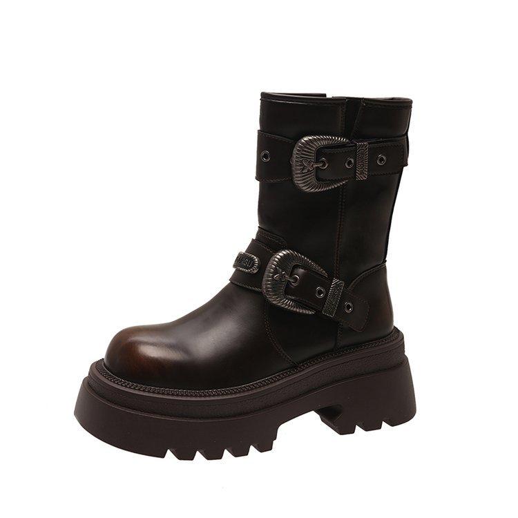 Зимние ботинки винтажные коричневые толстые каблуки толстая подошва женские модели осень Meilad увеличение высоты тонкие короткие ботинки