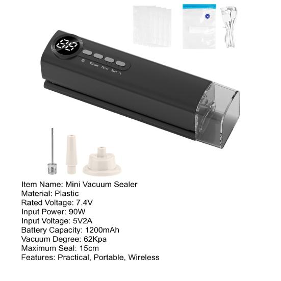Беспроводной мини-вакуумный упаковщик с цифровым дисплеем, мощным всасыванием, простым в использовании, многоцелевым термоупаковщиком, перезаряжаемым упаковщиком пищевых пакетов