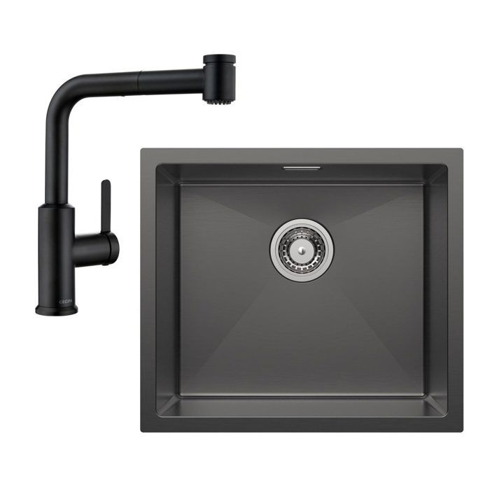 Évier 1 Bac 50×44CM Inox Gris-foncé, Mitigeur de cuisine extractible avec 2 Fonctions douchette