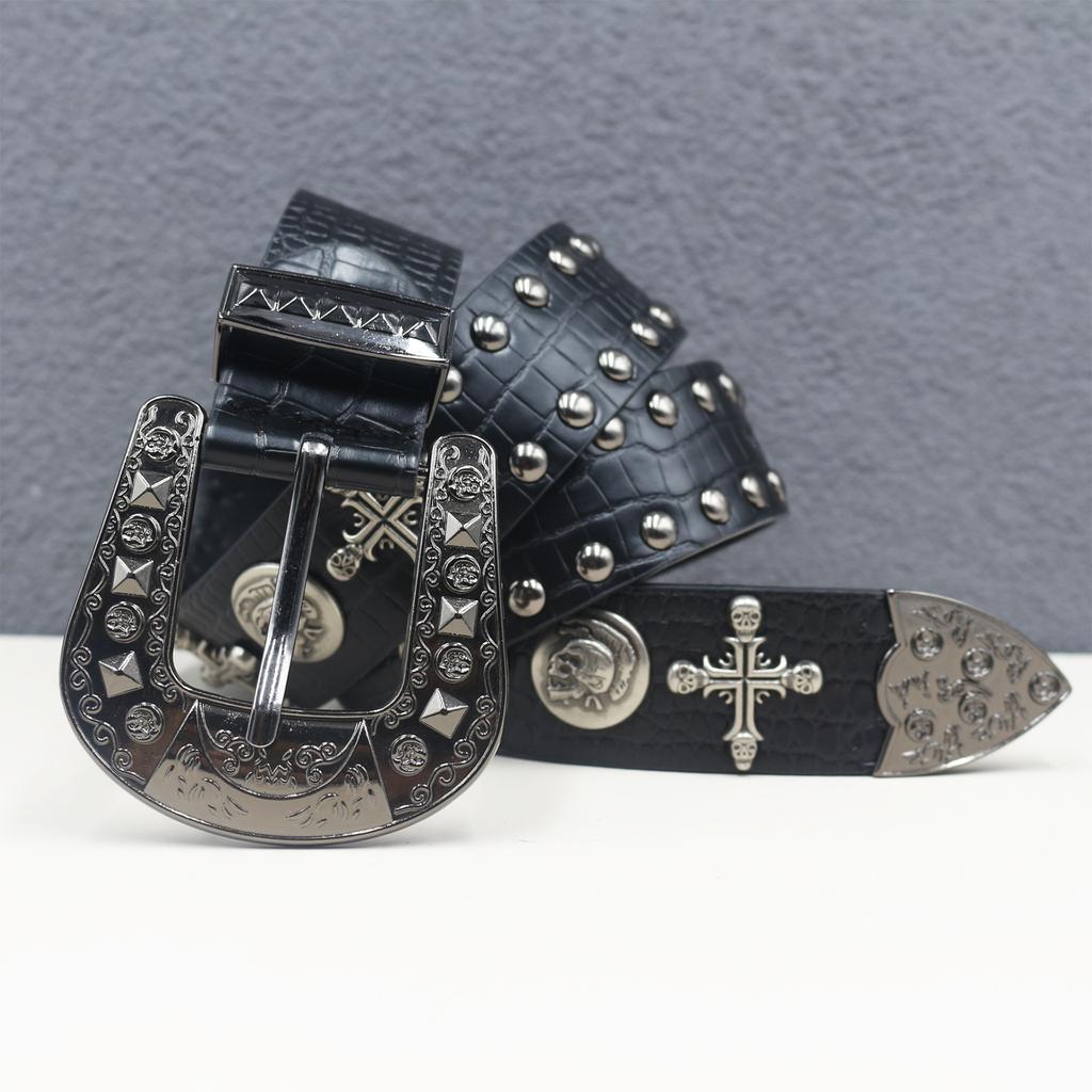 Crocodile Pattern American Western Rivet Cross Skull Rivet Strap Punk Men's Belt Women