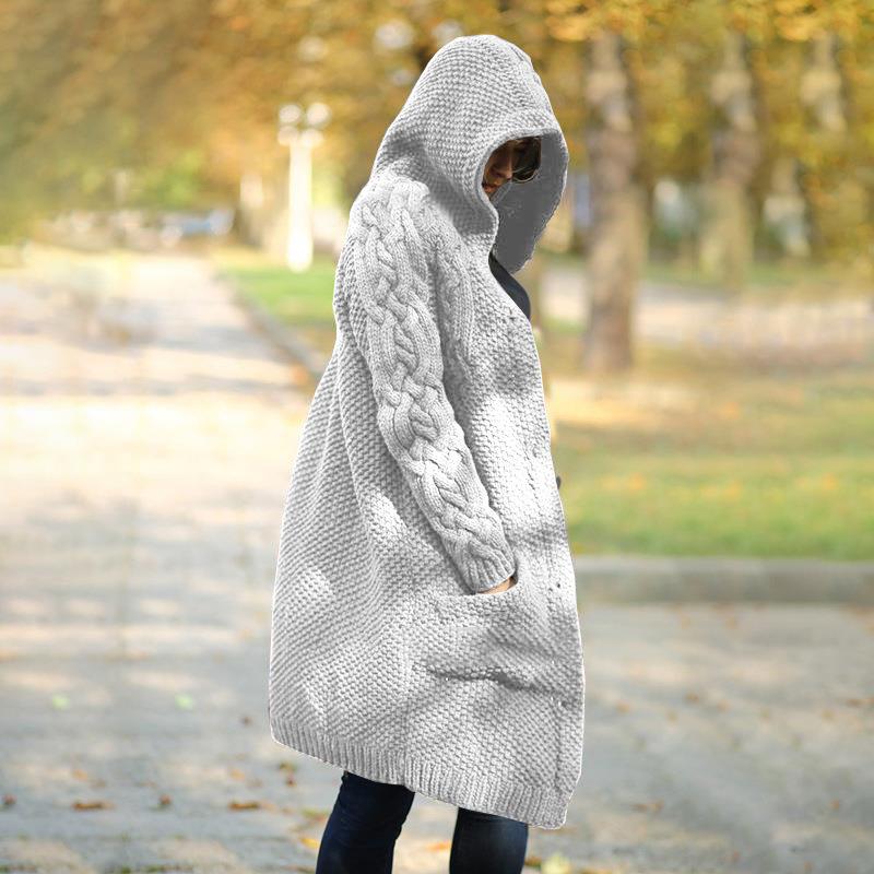 Women Winter Fashion Long Sleeve Solid Color Knitted Hooded Sweater Cardigan Open Front Long Cardigan