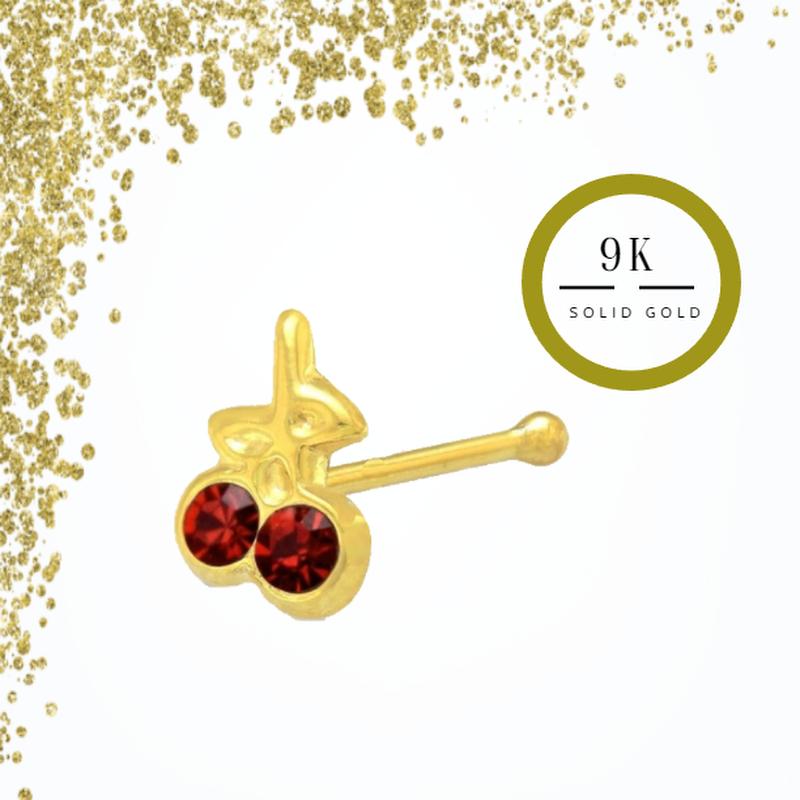 KODY PIERCING 9K Gold Piercing Jeweled Cherry Ball End Nose Pin - Quality Piercing
