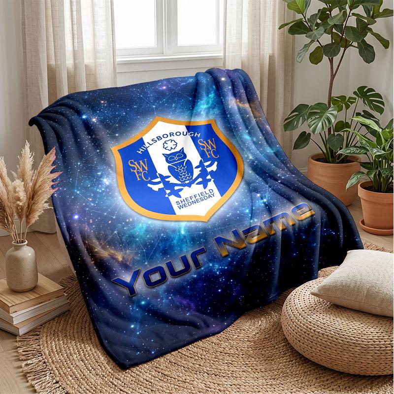 Sheffield Wednesday FC Custom Name Text Flannel Blanket Soccer Logo Personalized Fleece Throw Blanket Special Gift For Sofa Bedroom Home