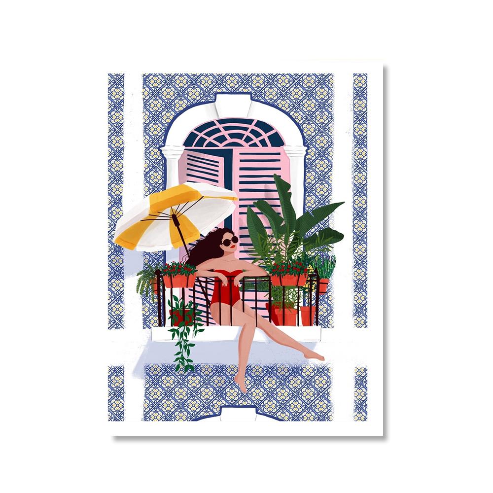 Lisbon Plant Girl Illustration Canvas Painting Wall Art Architecture Cat Woman Posters Gift Travel Print Picture Home Decoration