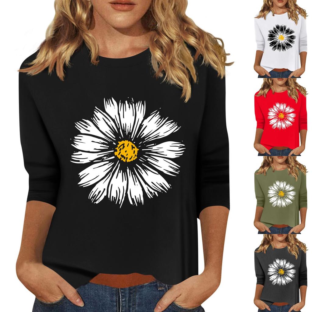 Женская мода повседневный принтованный топ с семью рукавами и круглым вырезом