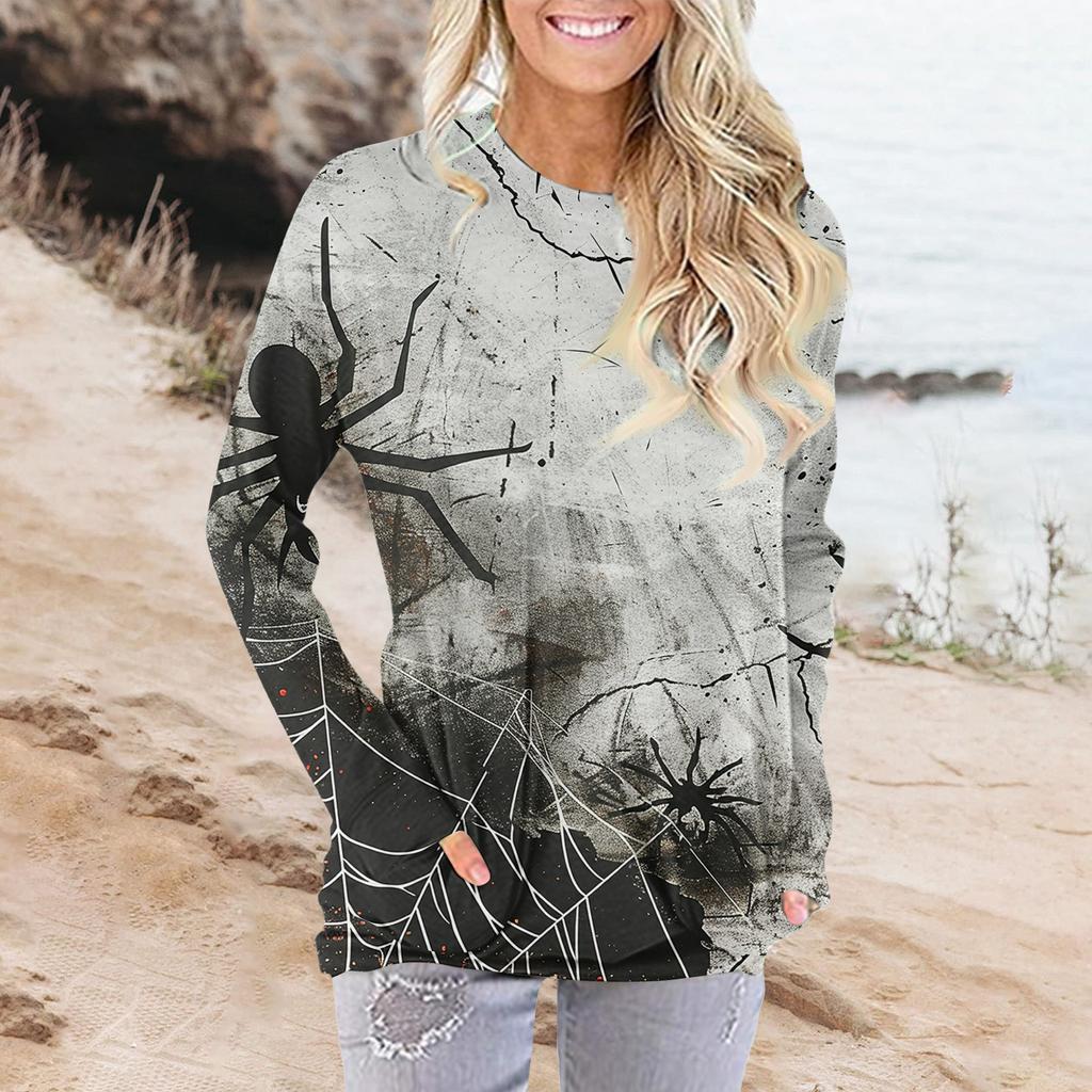 Женская модная повседневная футболка с круглым вырезом и принтом, длинными рукавами и карманами