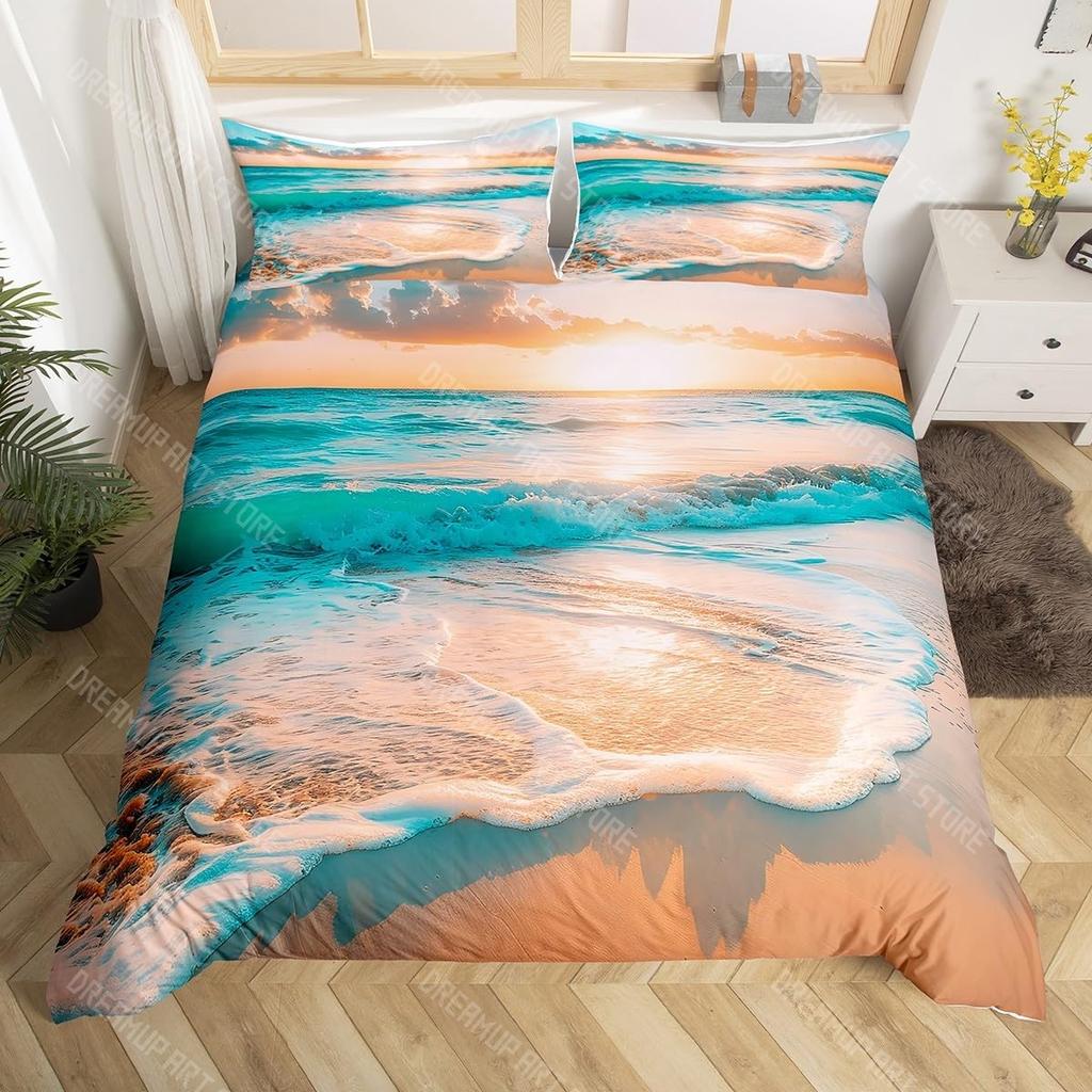 Комплект постельного белья с пляжной тематикой размера кинг, квин, пододеяльник с океанской волной и закатом, прибрежный морской пододеяльник, чехол на одеяло с морским пейзажем