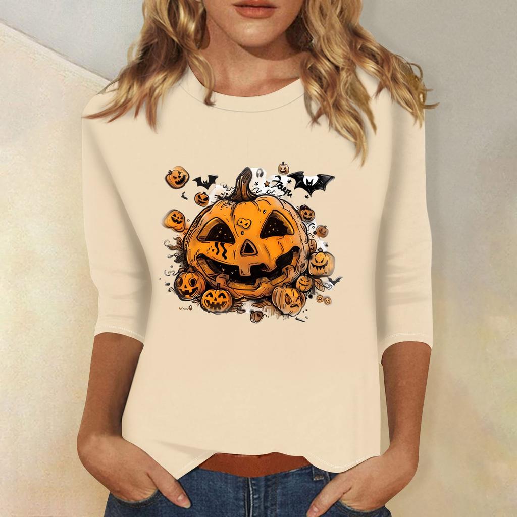 Women's Fashion Casual Three-quarter Sleeve Halloween Printed Round Neck Top