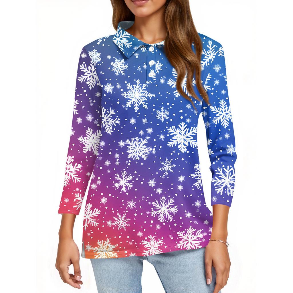 Women's Fashion Casual Lapel Short 3/4 Sleeve Christmas Print Shirt Women's Button Up Tops