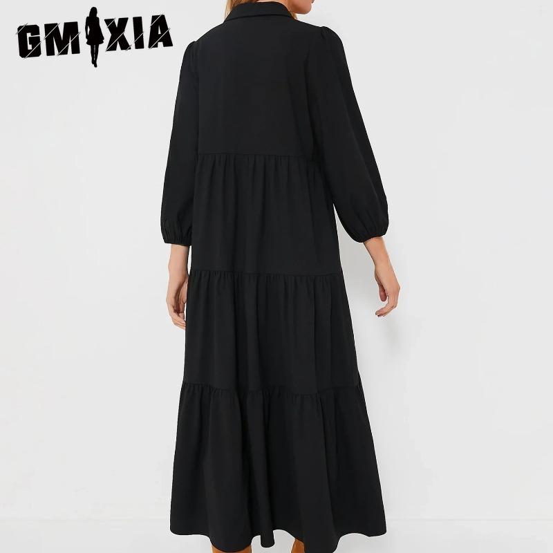 GMXIA Women's Fashion Spring Autumn Solid Color Print Long Sleeve POLO Neck High Waist Casual Dresses