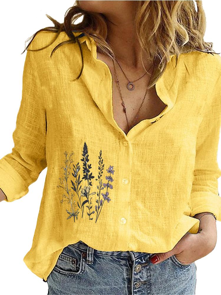 Женская мода Хлопково-льняная рубашка Весна&лето Свободный топ Дамская Повседневная Блузка с цветочным принтом