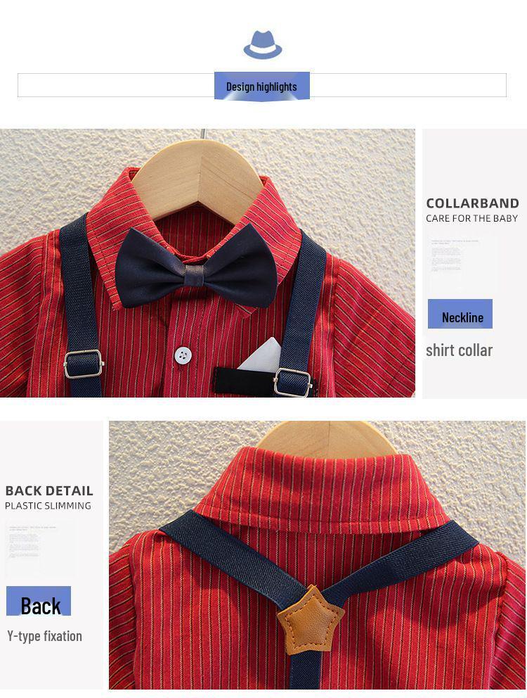 Комплект для малыша: рубашка с коротким рукавом и шорты с подтяжками - Летний джентльменский наряд для годовалого малыша на день рождения