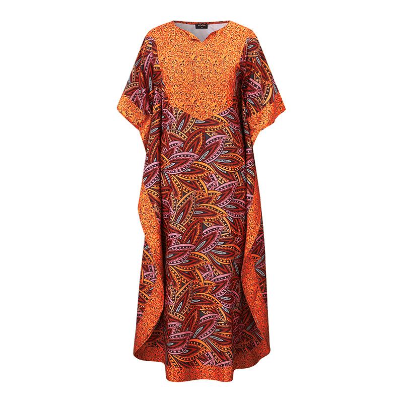 Женское свободное длинное платье большого размера с круглым вырезом и длинным рукавом с рисунком