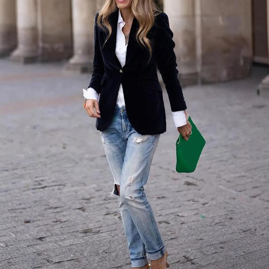 Бархатный пиджак с длинными рукавами и лацканами, на одной пуговице, офисная верхняя одежда, универсальный стиль