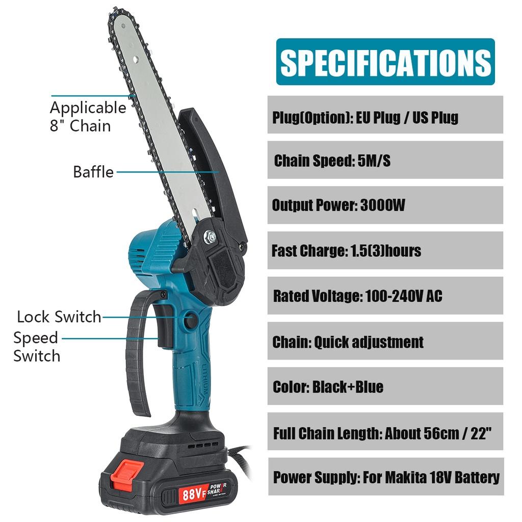 Электрическая цепная пила 3000 Вт, 8 дюймов, мини-пила для обрезки сада, лесозаготовительная пила, деревообрабатывающий инструмент, резак по дереву для батареи 18 В