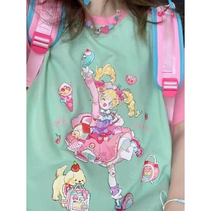 Y2k Harajuku лоскутные футболки женские в японском стиле консервативный стиль повседневные свободные футболки с мультяшным принтом топы мягкие для девочек 2024