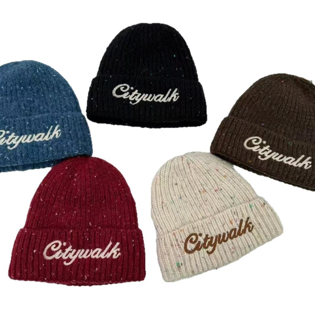 Hat autumn and winter women's thickened warm wool hat big head circumference letter embroidery shows small face versatile ear protection knitted hat