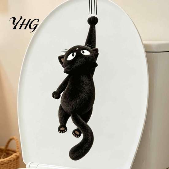 Small Decorative Wall Stickers Furry Black Cat Toilet Seat Sticker, Waterproof PVC Bathroom Decal, Removable Decor Cute Animal Art for Tank
