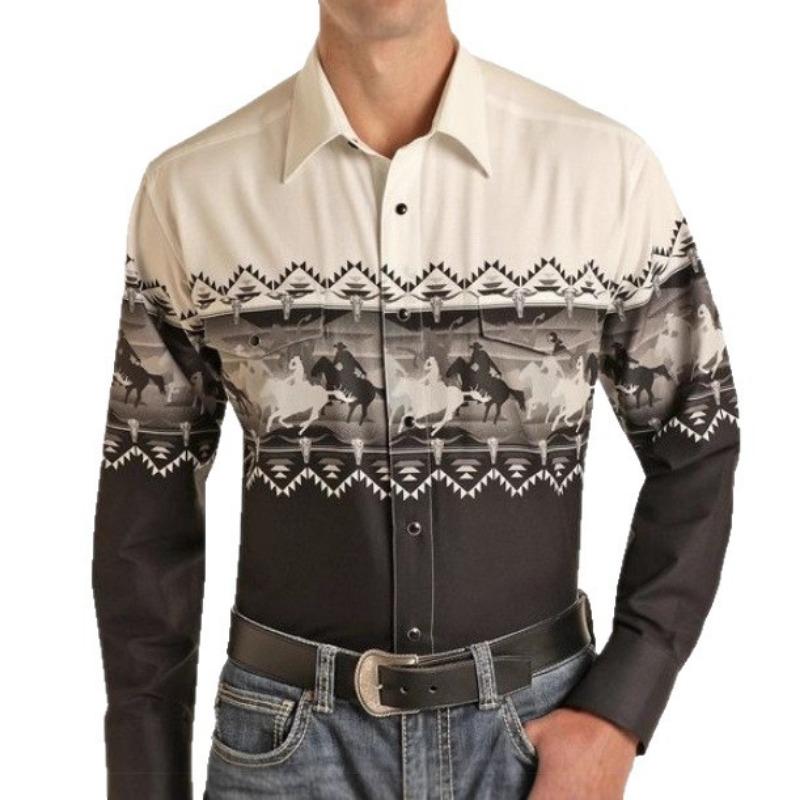 Men's Retro Western Striped Shirt Casual Short Sleeve Button-Up Cowboy Style Shirt