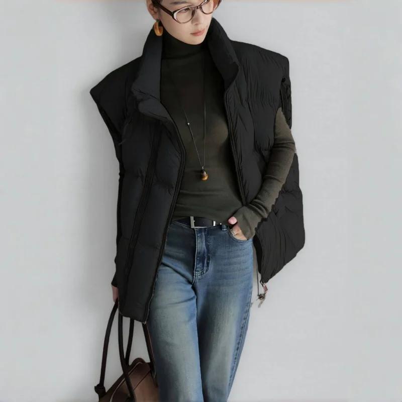 Autumn Winter New Loose Short Versatile Double Zipper Vest Stand-collar Down Cotton Jacket Women