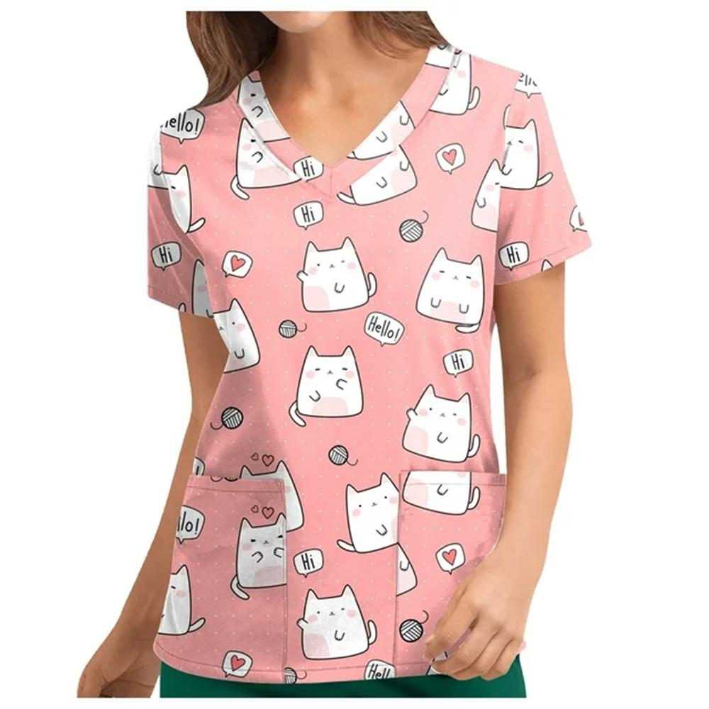 Летний топ с V-образным вырезом, женская рабочая униформа с принтом, рубашка с коротким рукавом, V-образный вырез, блузка, платье для медсестры, туника, униформа