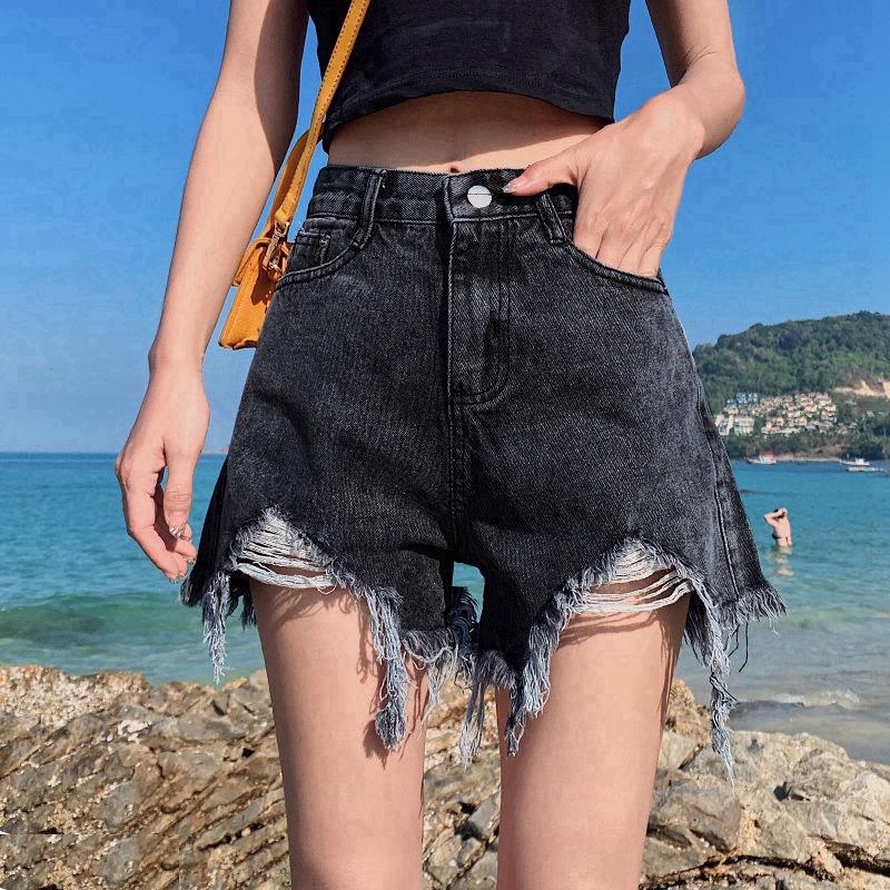 Классика и минимализм мода универсальные сломанные отверстия женские свободные летние с высокой талией тонкие широкие брюки A Word Sub джинсовые шорты индивидуальность трендовость