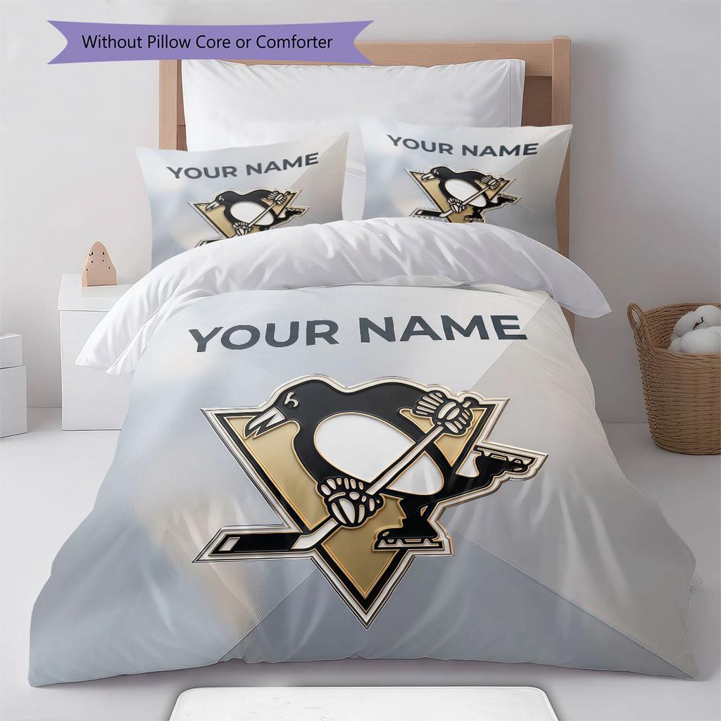 Custom Name,Pittsburgh Penguins Pattern Bedding Home Decoration Birthday Gift ( 1 duvet cover + 2 pillowcase, without core),fan merchandise.