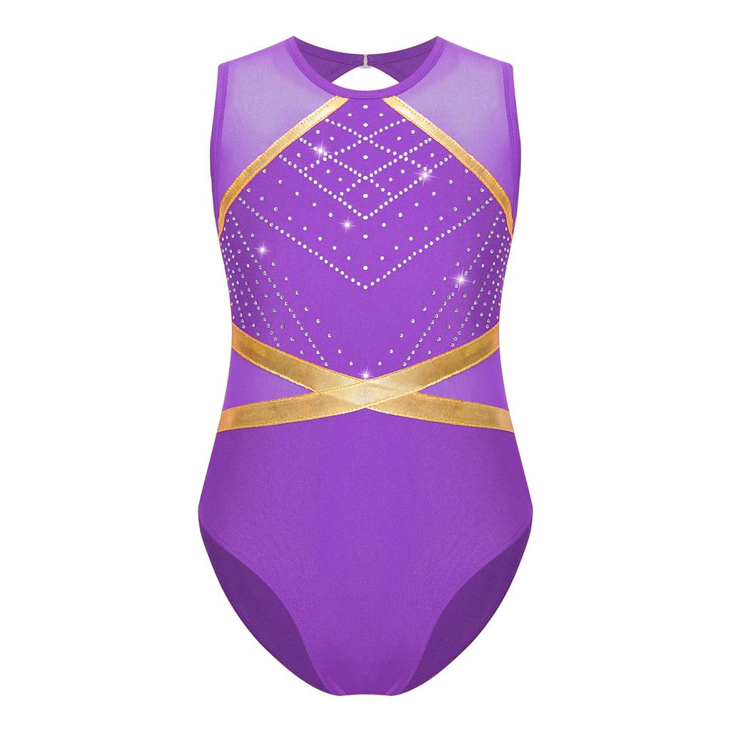 Блестящий купальник для девочек, украшенный стразами, с вырезом на спине в виде замочной скважины, боди без рукавов для фигурного катания