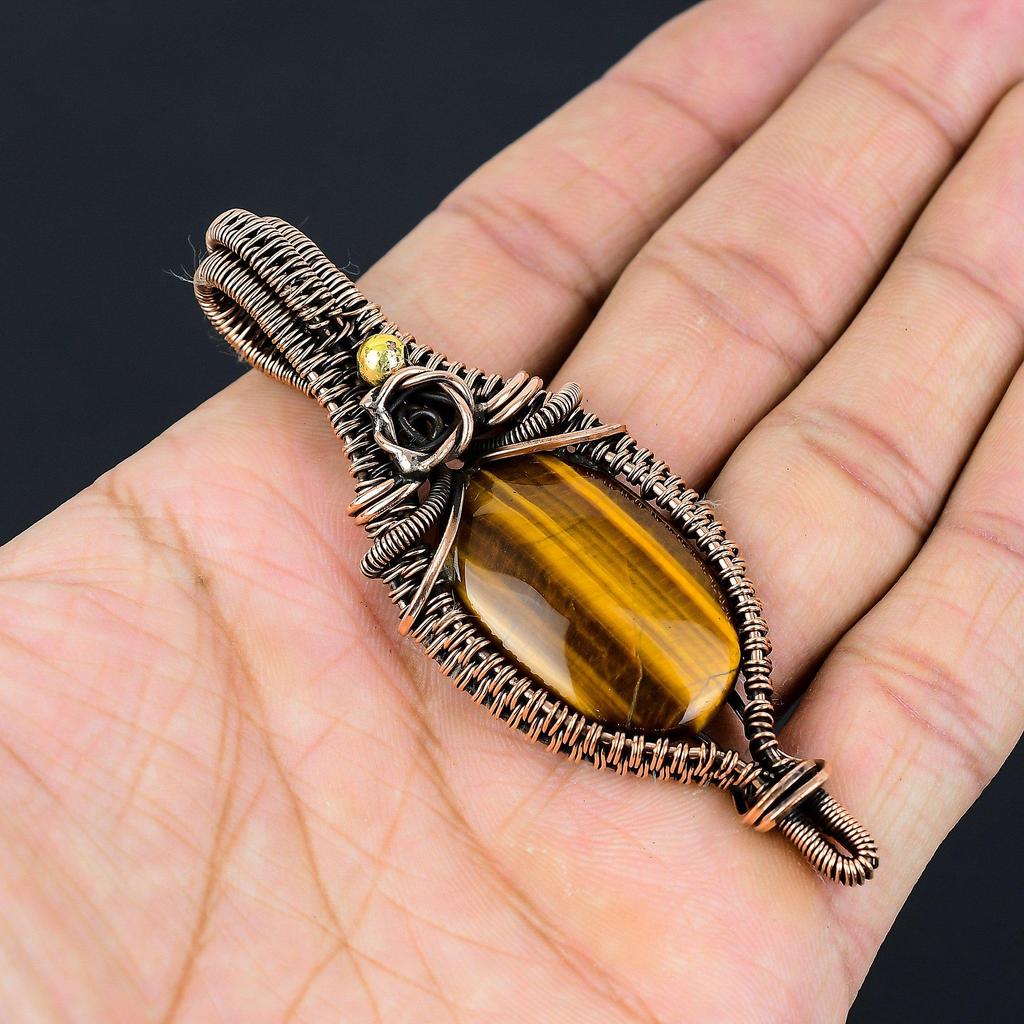 Подвеска Тигровый глаз, Подвеска из драгоценного камня ручной работы, обернутая медной проволокой 999 пробы, Антикварное украшение, Для подарка, Серебряное украшение