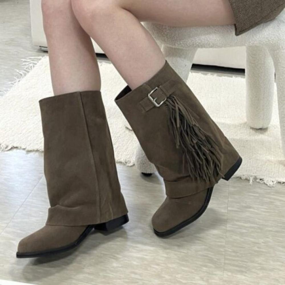 Melting Brown Women Casual Fringe Folding Mid Boots 4 Color