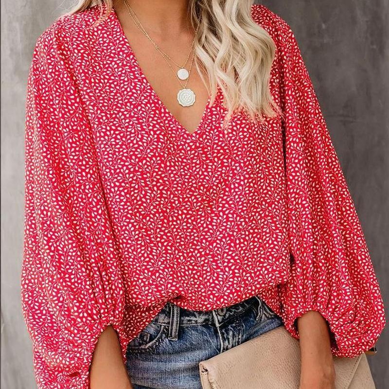 Elegant Casual Spring V-neck Print Shirt Beach Floral Blouse Lantern Long Sleeve Leopard Clothes Vacation Tops 19150